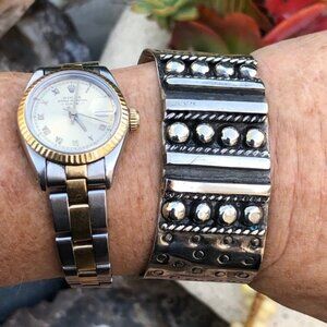Stamp Decorated Orb Cuff Bracelet Sterling Silver Mexico
